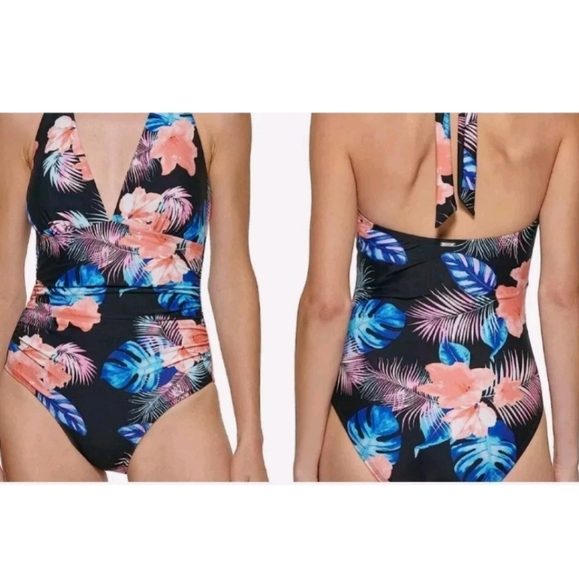 DKNY Women's Small One Tummy Control Swimsuit Black Floral Print Halter - Picture 1 of 8